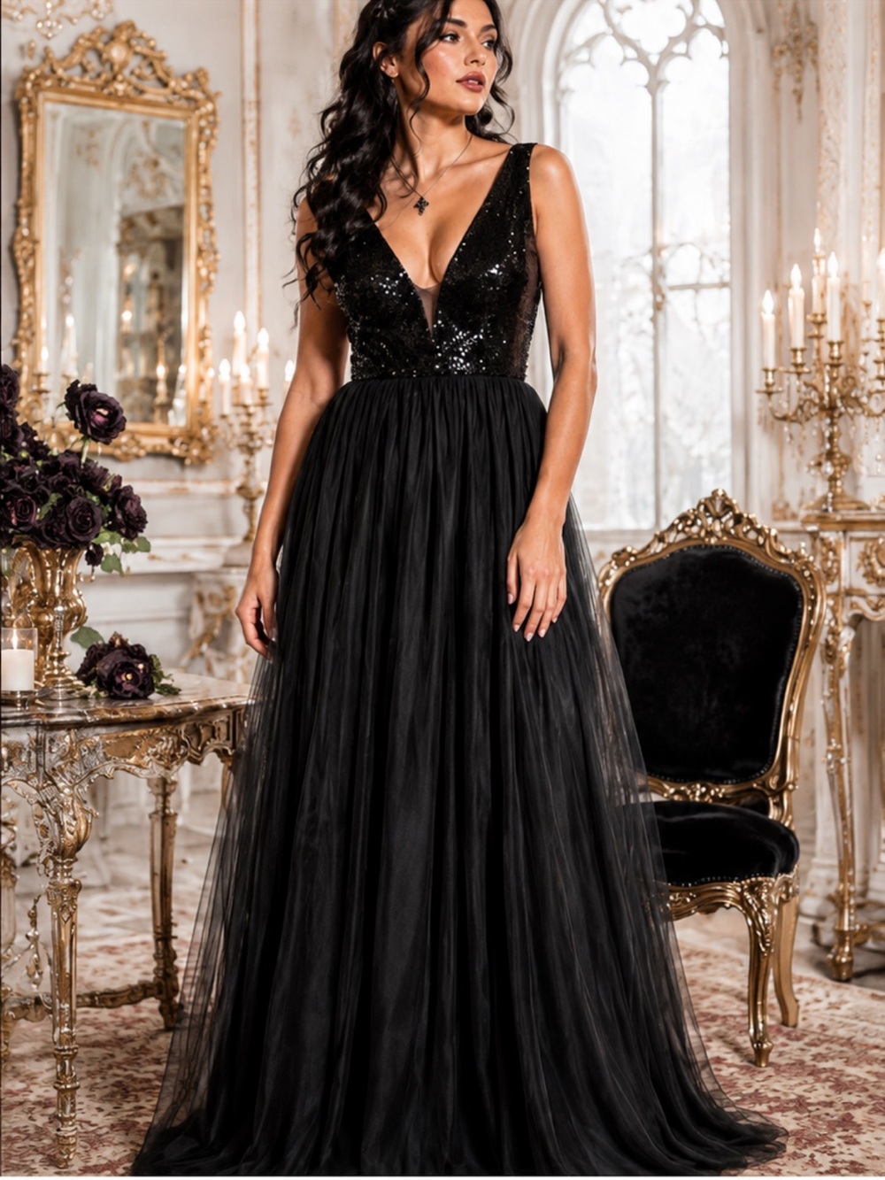 NWT Haute Monde Black Sequin Tulle Maxi Dress